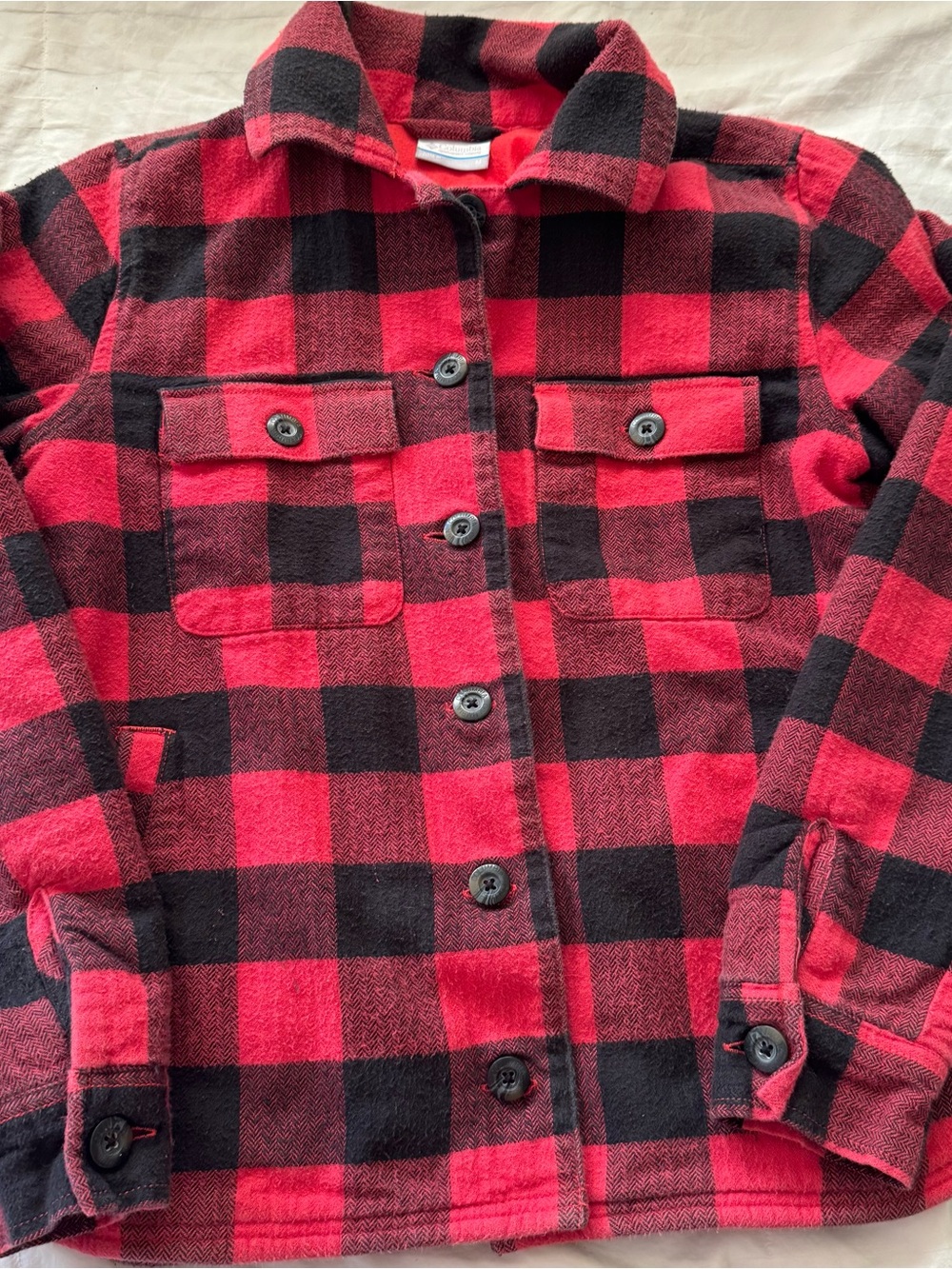 Women’s Columbia Sportswear red and black plaid flannel jacket shirt in size M